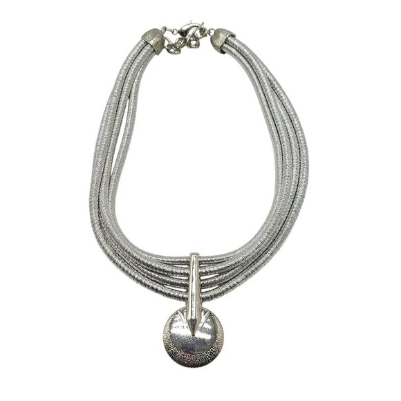 Silver Layered Choker Necklace With Round Textured Pendant Adjustable Chain - Picture 1 of 6
